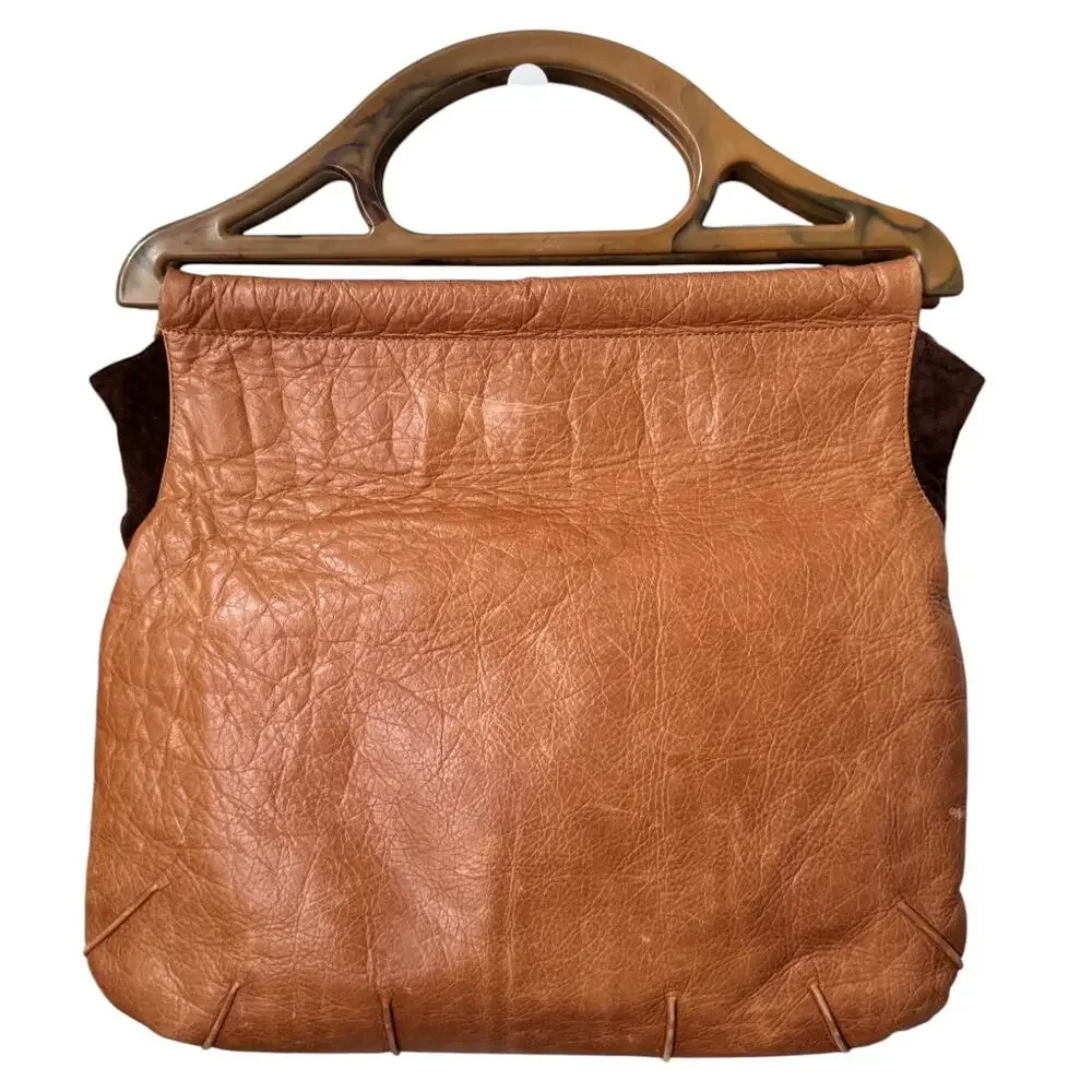1990s Lilith NYC Acrylic Handle Leather Bag Cognac Brown Suede Purse